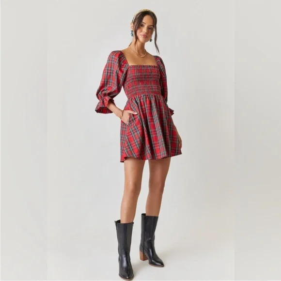 Plaid Red Christmas Dress Puff Sleeve - Picture 2 of 6